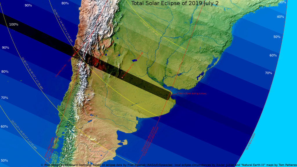 La bande de totalité traverse l'Amérique du sud. // Source : Wikimedia/CC/EkkehardDomning