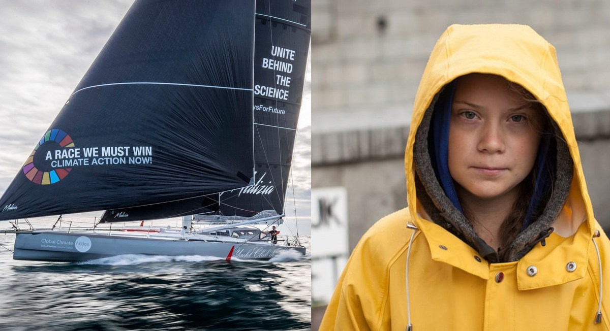 Montage / Portrait de Greta Thunberg (droite) et Malizia 2 (gauche).