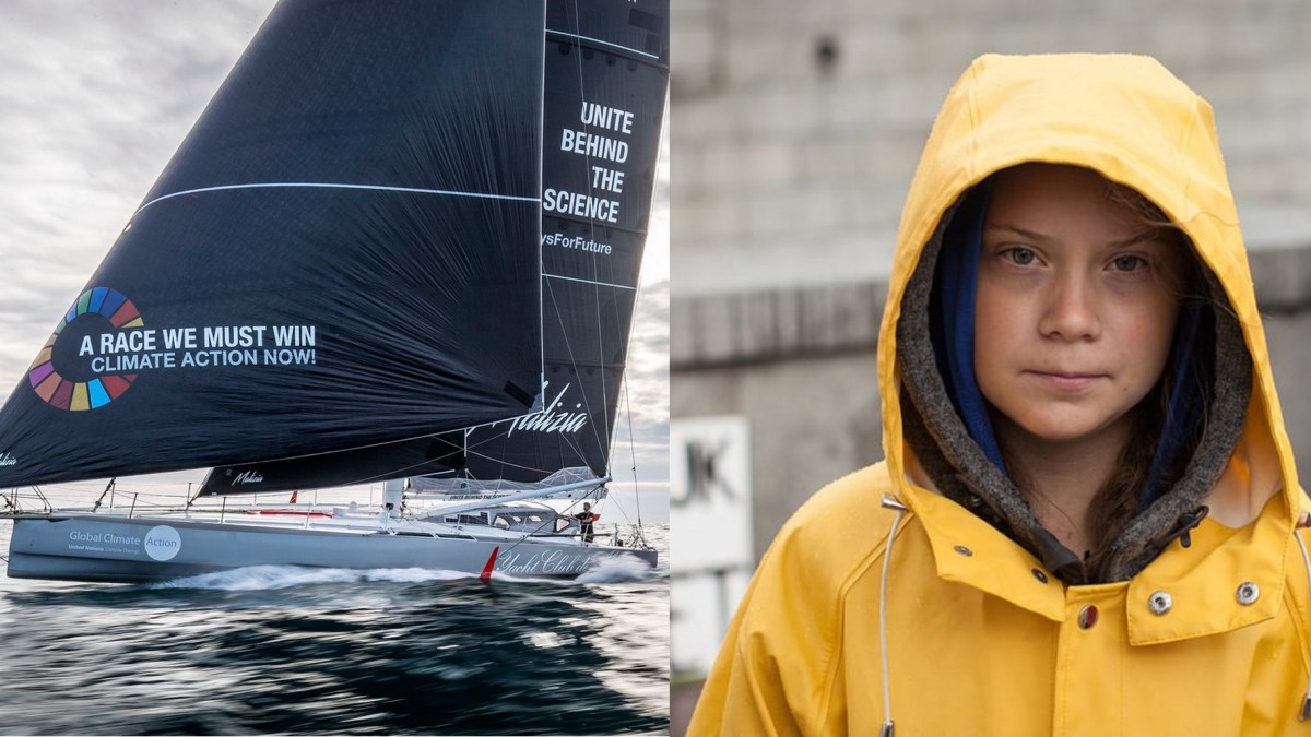 Montage / Portrait de Greta Thunberg (droite) et Malizia 2 (gauche).