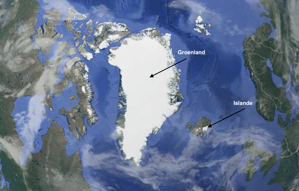 Le glacier de l'Islande est une calotte glaciaire. Au Groenland, c'est un inlandsis. // Source : Capture d'écran Google Maps, annotations Numerama