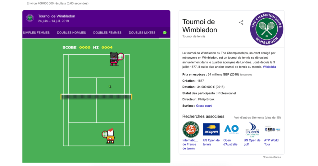 Capture du jeu Wimbledon le 12 juillet 2019 // Source : Google Capture du jeu Wimbledon le 12 juillet 2019 // Source : Google