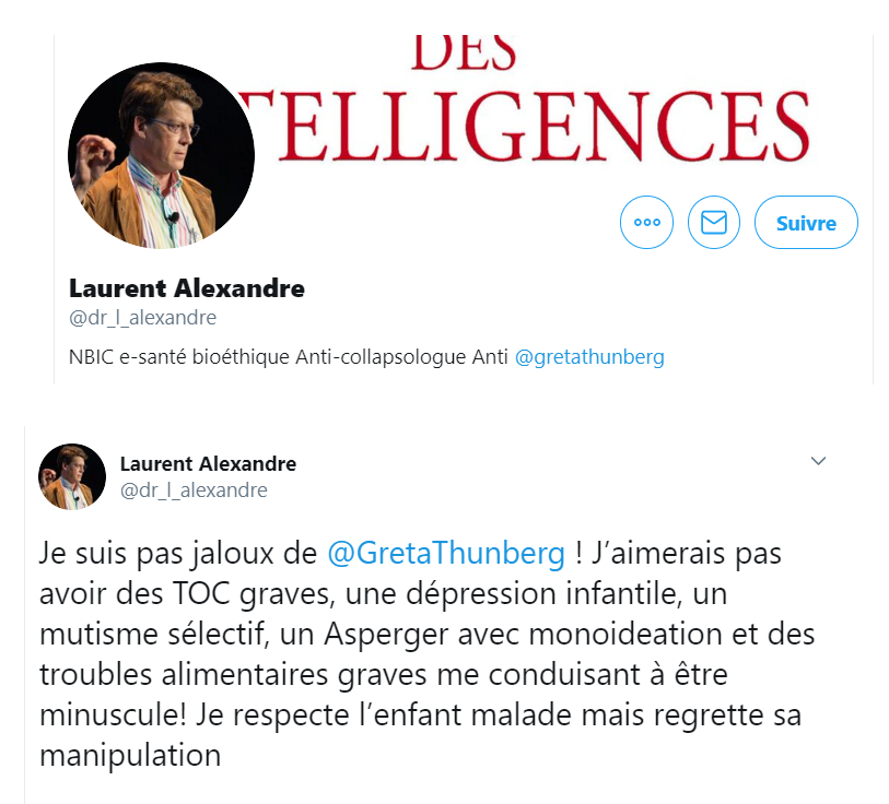 Dans sa bio Twitter, Laurent Alexandre se présente comme un "anti-Greta Thunberg", en la taguant. // Source : Capture d'écran Twitter
