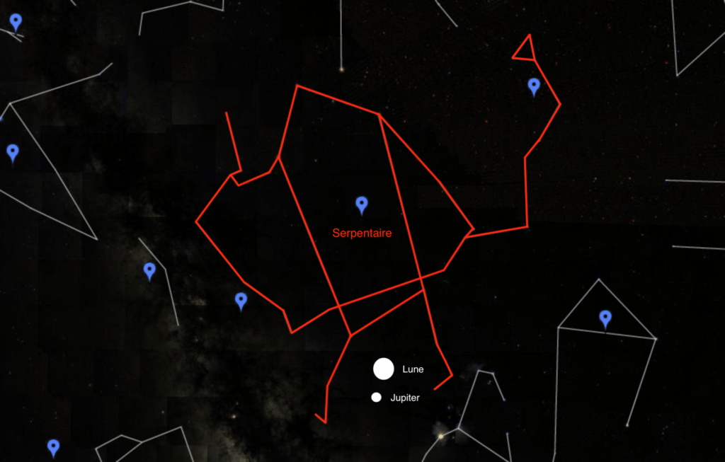 Le rapprochement de la Lune et Jupiter, vu de Paris le 13 juillet 2019 à 21h. // Source : Capture d'écran Google Sky, annotations Numerama