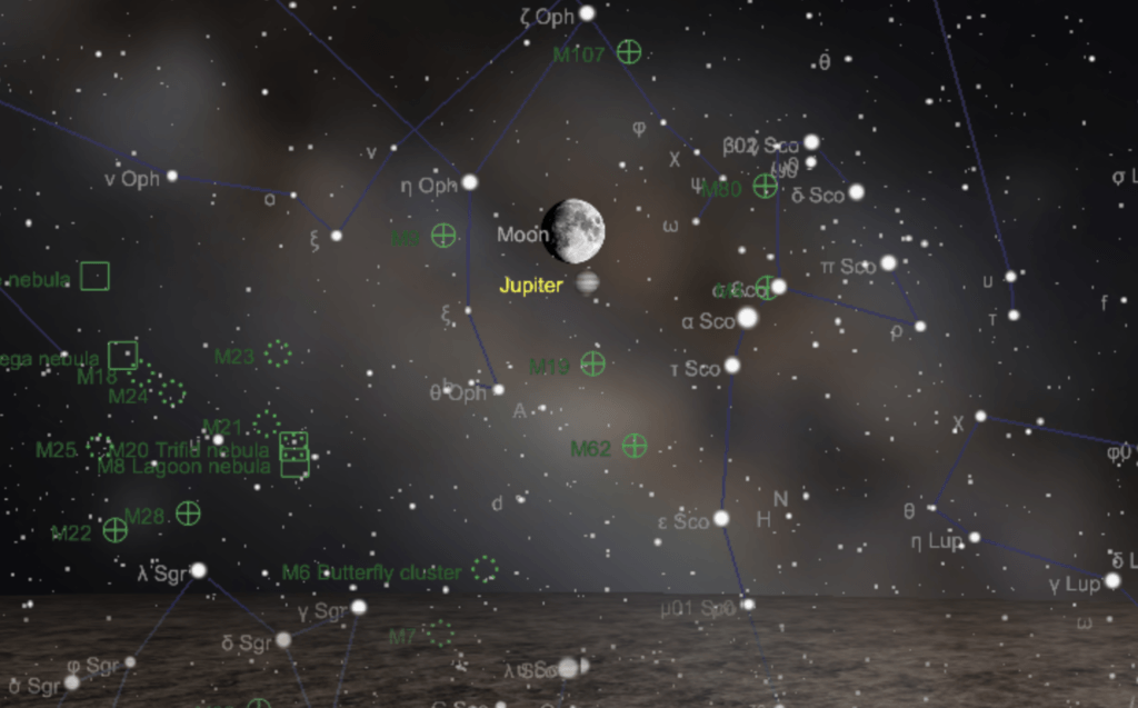 La Lune et Jupiter vues de Paris, le 13 juillet 2019 à 21h. // Source : Capture d'écran The Sky Live