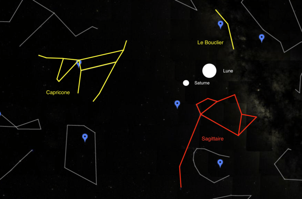 La rencontre entre la Lune et Saturne, à minuit le 16 juillet 2019, vu de Paris. // Source : Capture d'écran Google Sky, annotations Numerama