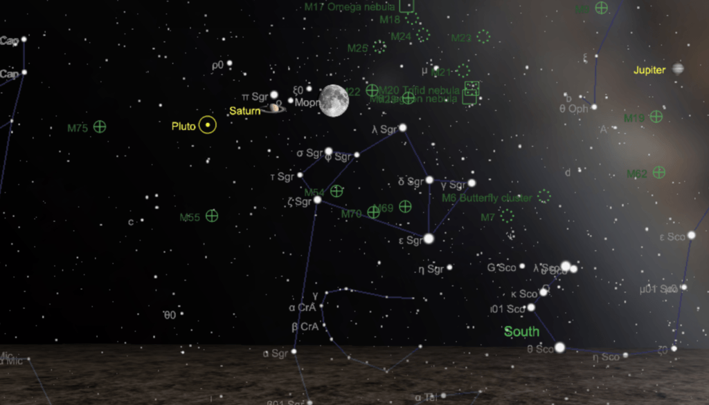 La Lune et Saturne vues depuis Paris à minuit le 16 juillet 2019. // Source : Capture d'écran The Sky Live