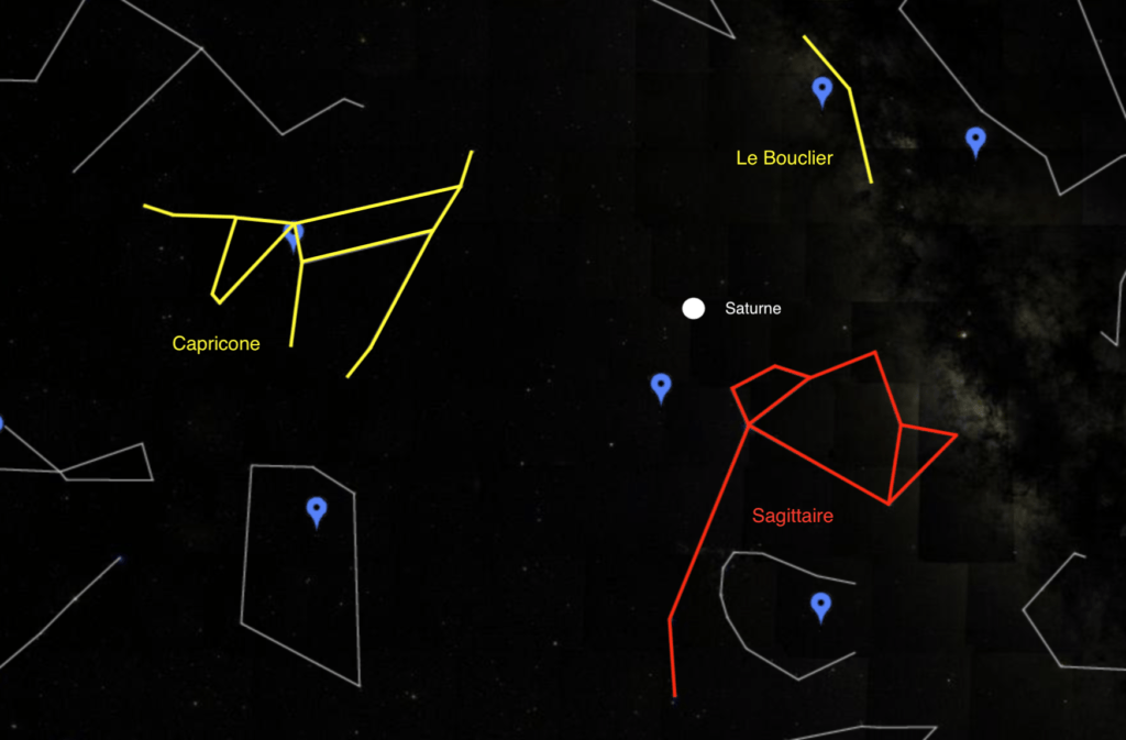 Saturne vue depuis Paris à minuit le 9 juillet 2019. // Source : Capture d'écran Google Sky, annotations Numerama