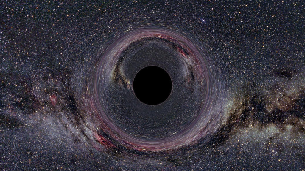 Un trou noir d'une dizaine de masses solaires et la Voie lactée. // Source : Wikimedia/CC/Ute Kraus, Institute of Physics, Universität Hildesheim, Space Time Travel (photo recadrée)