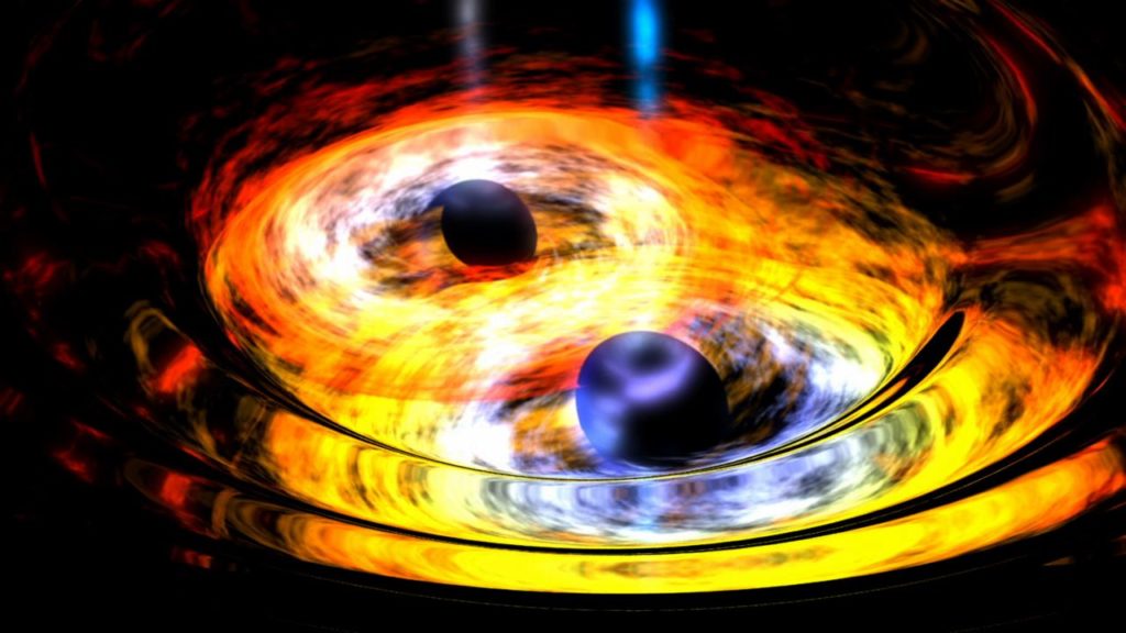 Deux trous noirs sur le point de fusionner. // Source : Wikimedia/CC/NASA