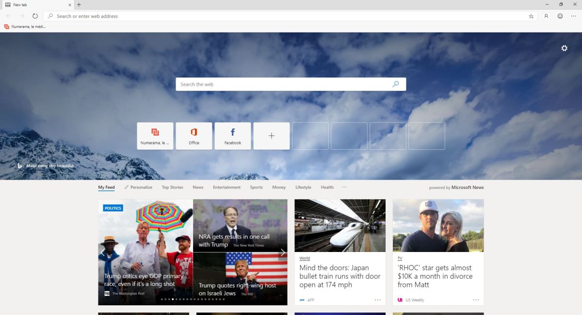 La page d'accueil de Microsoft Edge.