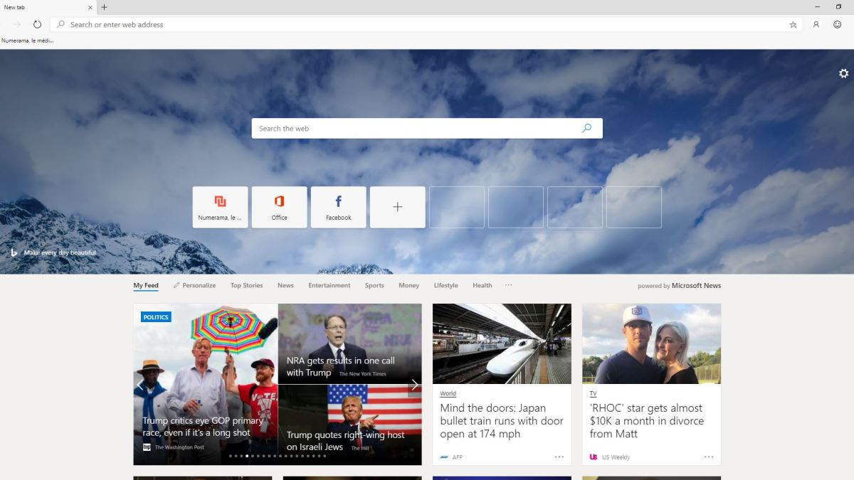 La page d'accueil de Microsoft Edge.