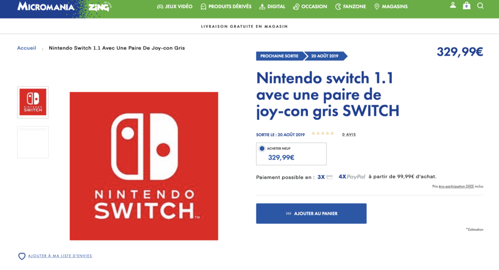 Nouvelle Nintendo Switch sur Micromania // Source : Micromania