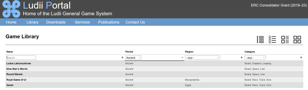 Liste des jeux disponibles dans la catégorie Ancien. Il existe aussi les catégories Médiéval et Moderne. // Source : Capture du site internet Ludii