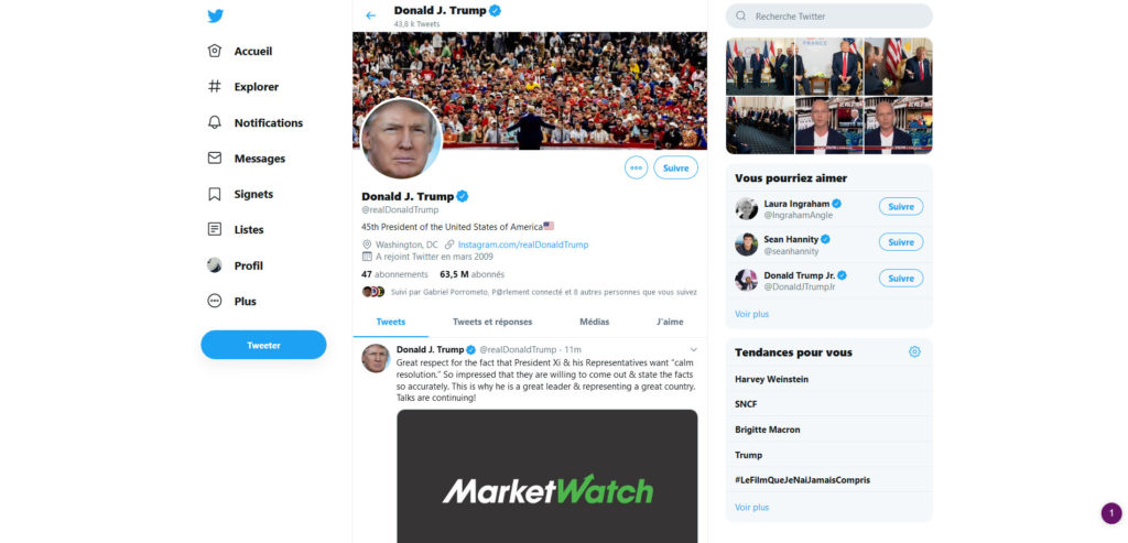 Le compte Twitter de Donald Trump, le 26 août. Le compte Twitter de Donald Trump, le 26 août.