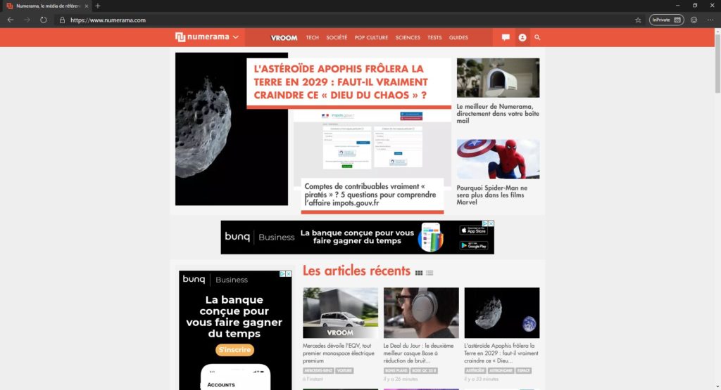 Numerama, en mode privé sur Edge. Notez l'usage de la couleur sombre en haut du navigateur. Numerama, en mode privé sur Edge. Notez l'usage de la couleur sombre en haut du navigateur.