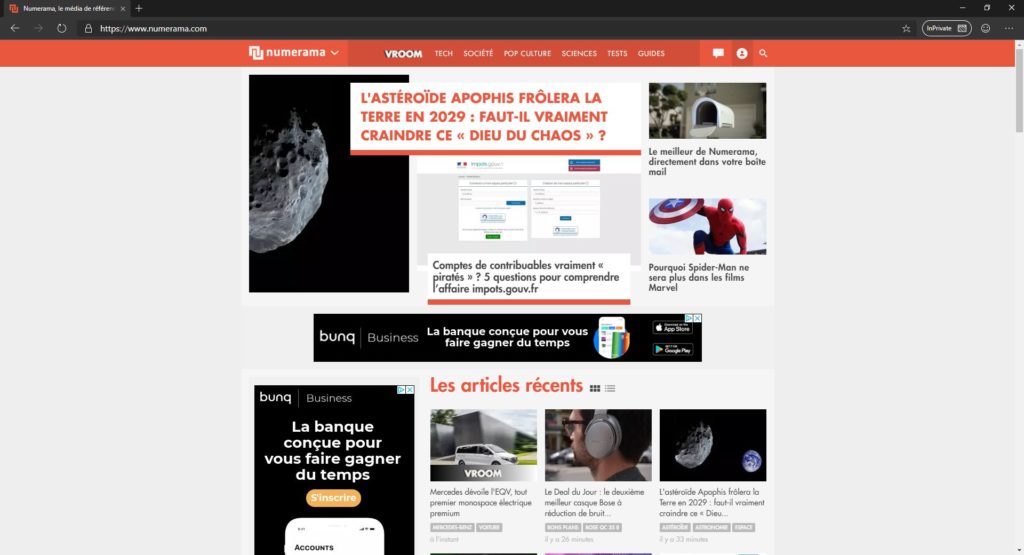 Numerama, en mode privé sur Edge. Notez l'usage de la couleur sombre en haut du navigateur.