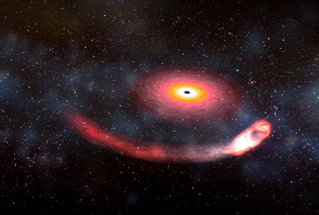 Modélisation de la potentielle fusion entre un trou noir et une étoile à neutrons. // Source : Dana Berry/NASA