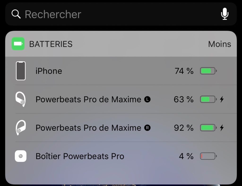 Aperçu de la batterie des Powerbeats Pro (via iOS) // Source : Numerama Aperçu de la batterie des Powerbeats Pro (via iOS) // Source : Numerama
