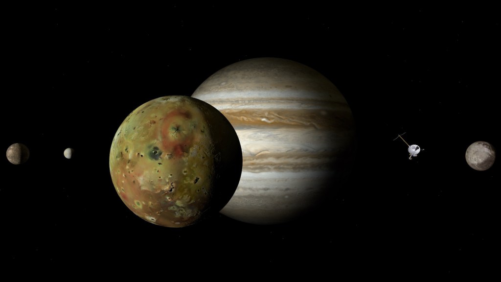 Jupiter et plusieurs de ses lunes. // Source : Pixabay (photo recadrée)