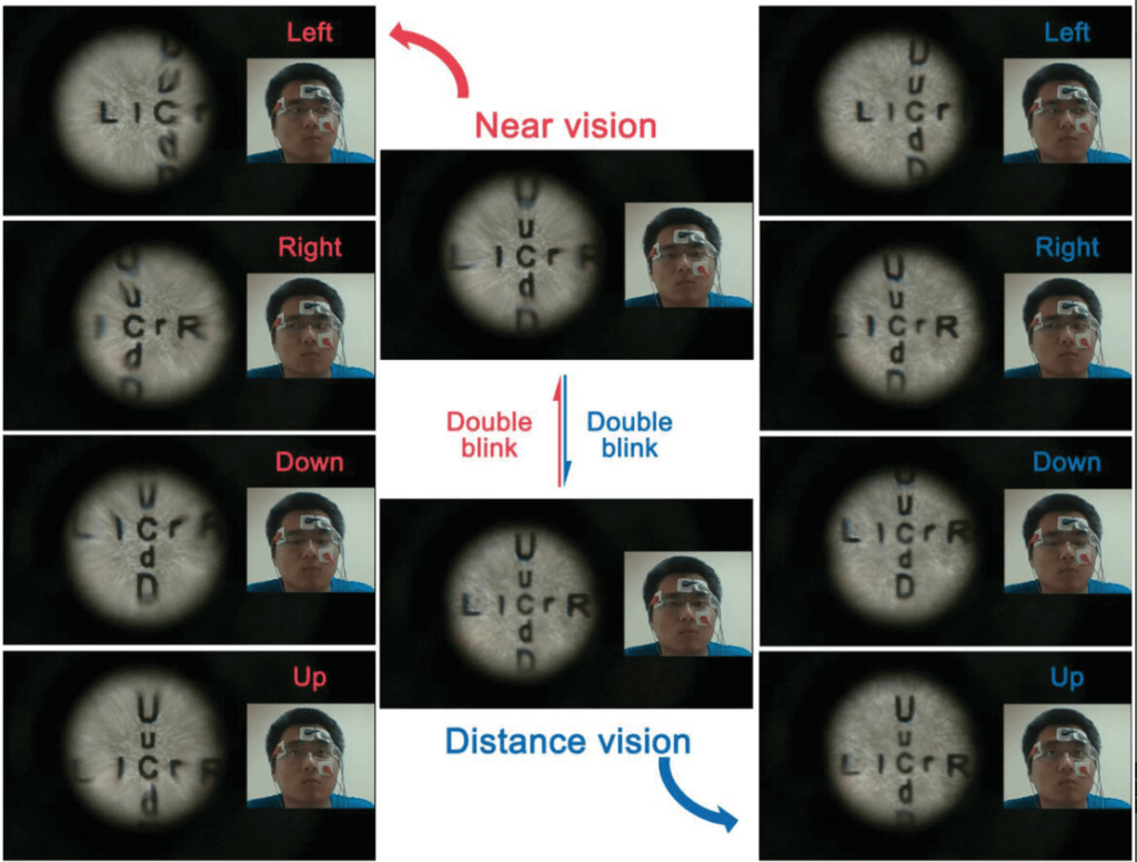 Ces lentilles permettent d'améliorer la distance focale selon les besoins. En revanche, les électrodes sur le visage sont peu pratiques. // Source : University of California San Diego