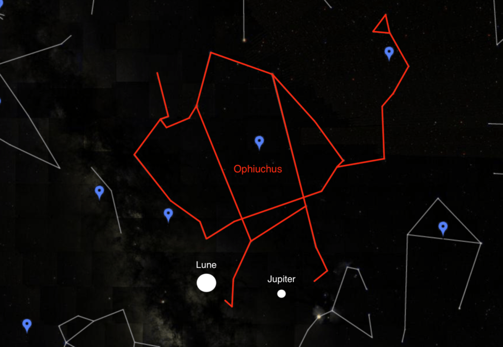 Jupiter et Saturne dans le ciel du 10 août 2019 à 21h30, vu de Paris. // Source : Capture d'écran Google Sky, annotations Numerama