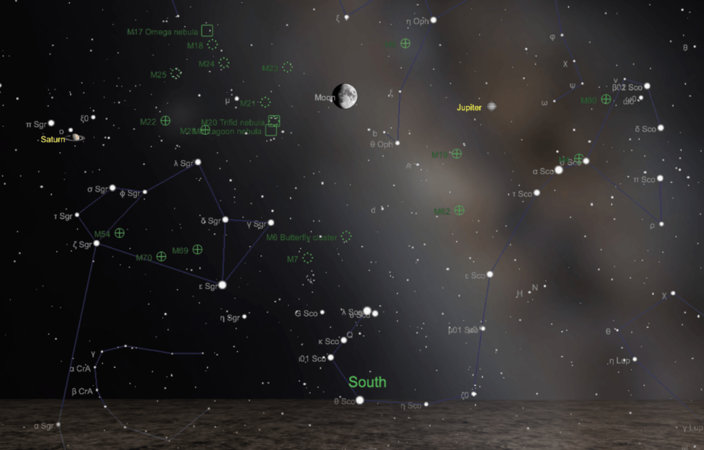 Jupiter à proximité de la Lune, vue de Paris le 10 août 2019 à 22h. // Source : Capture d'écran The Sky Live