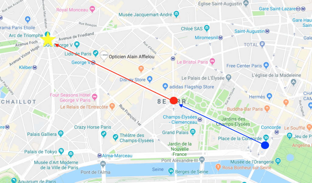 Les deux lieux pour prendre en photo l'événement. // Source : Capture d'écran Google Maps, annotations Numerama