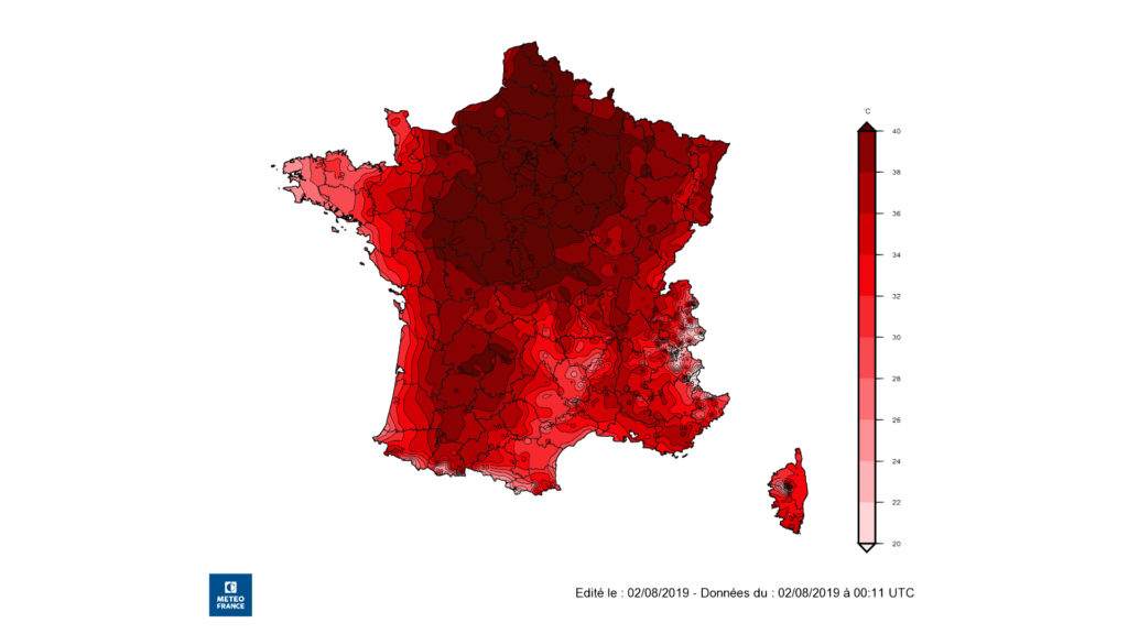 La température maximale quotidienne (25 juillet 2019). // Source : Météo France (photo recadrée)