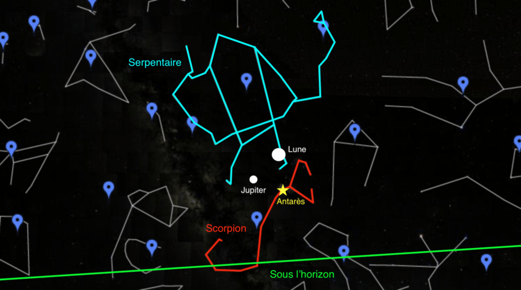 Le ciel le soir du 5 septembre, vers 20h45, vu de Paris. // Source : Capture d'écran Google Sky, annotations Numerama