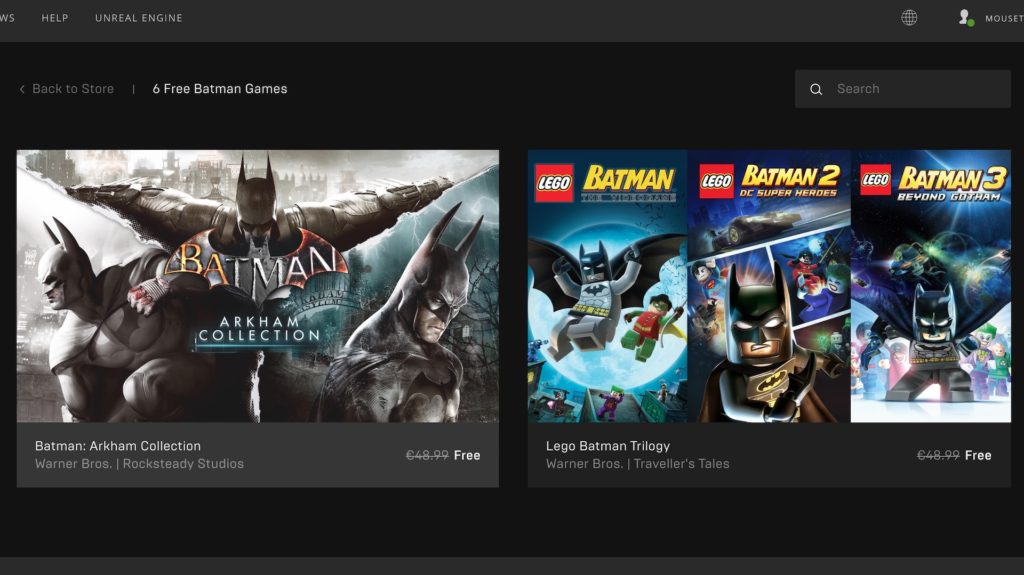 Les 6 jeux Batman gratuits // Source : Epic Games Store Les 6 jeux Batman gratuits // Source : Epic Games Store