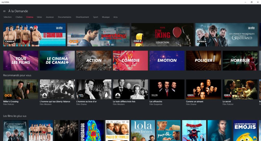 L'actuelle interface de Canal+ Ciné/Séries en septembre 2019 (sans Netflix)