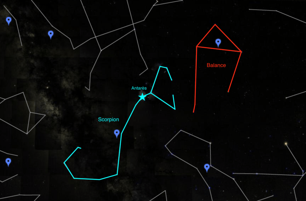 La constellation de la Balance se repère à l'aide de la constellation du Scorpion. // Source : Capture d'écran Google Sky (annotations Numerama)