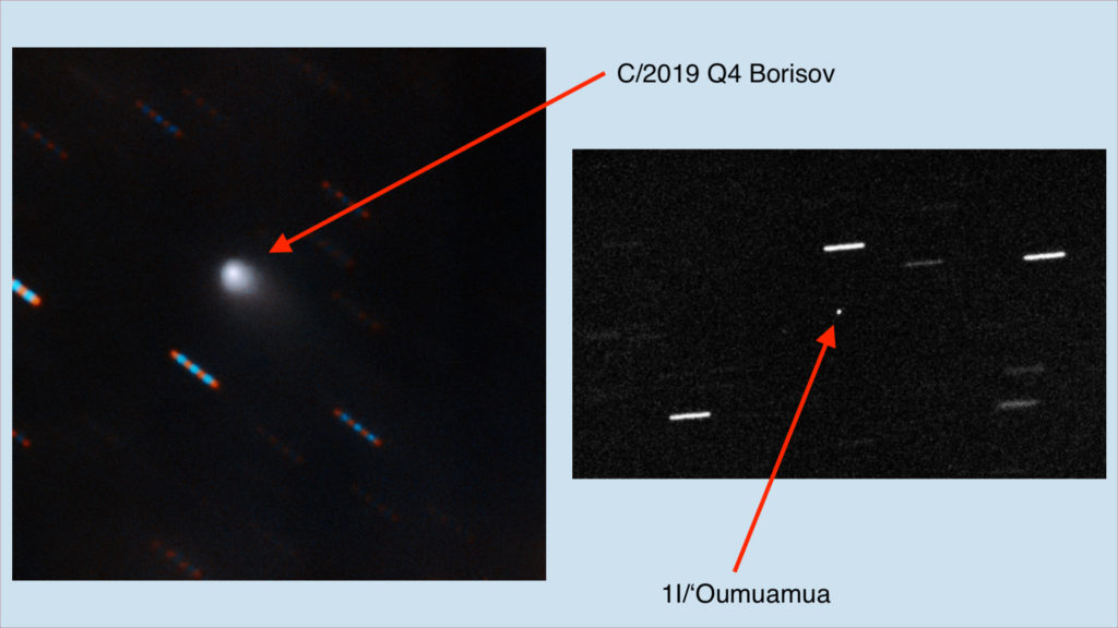 La comète est à gauche, Oumuamua est à droite. // Source : NASA; Alan Fitzsimmons (ARC, Queen's University Belfast), Isaac Newton Group, Gemini Observatory/NSF/AURA, annotations Numerama