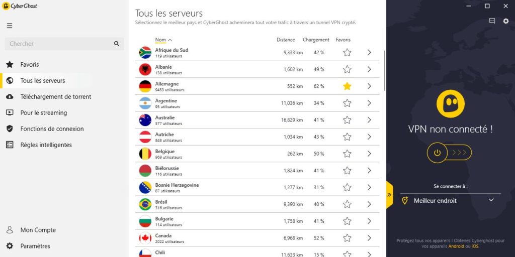 L'interface de Cyberghost (ici le client Windows) est très simple d'utilisation. L'interface de Cyberghost (ici le client Windows) est très simple d'utilisation.