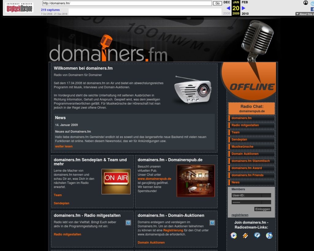 Désactivé en 2017, le site domainers.fm fait partie désormais des archives du web // Source : Domainers/WayBackMachine