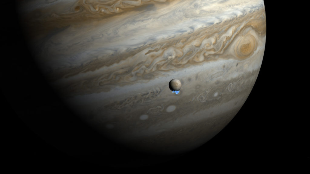 Jupiter derrière sa lune Europe. // Source : Wikimedia/CC/NASA, ESA, and M. Kornmesser. Science Credit: NASA, ESA, L. Roth (Southwest Research Institute and University of Cologne, Germany), J. Saur (University of Cologne, Germany), K. Retherford (Southwest Research Institute), D. Strobel and P. Feldman (Johns Hopkins University), M. McGrath (Marshall Space Flight Center), and F. Nimmo (University of California, Santa Cruz) (photo recadrée)