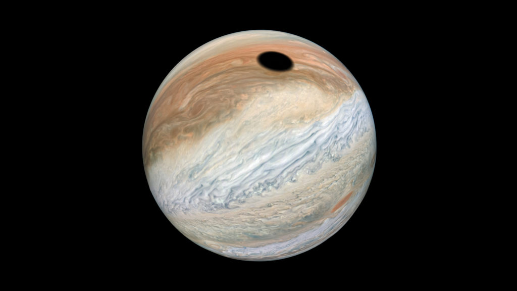 L'ombre de la lune Io sur Jupiter. // Source : Flickr/CC/Kevin Gill (photo recadrée)