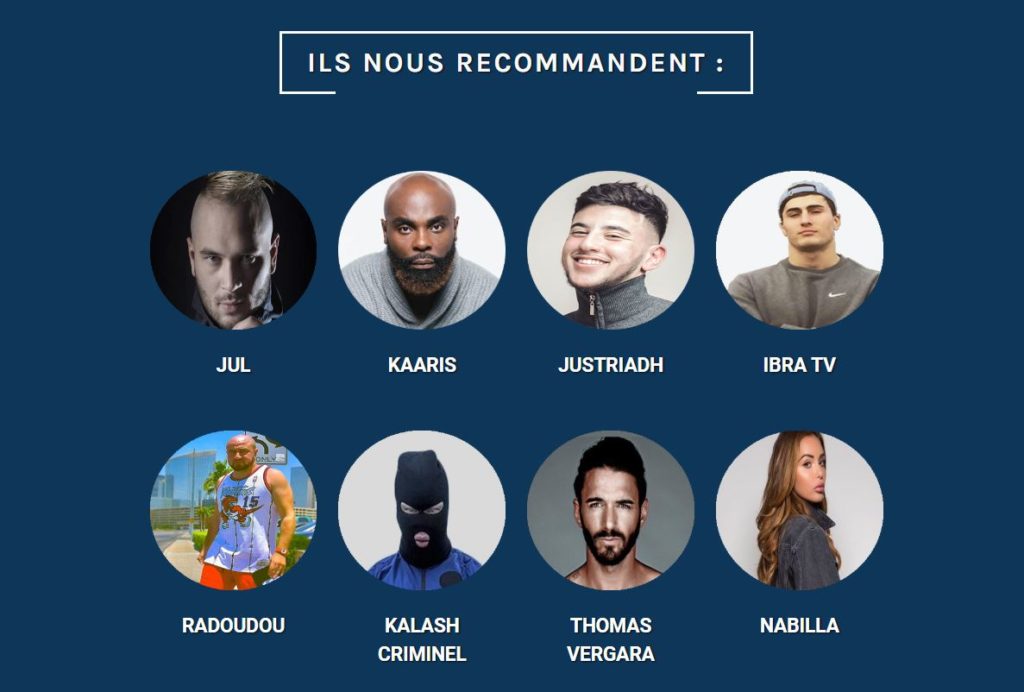 Des chanteurs, stars de télé-réalité ou youtubeurs recommandent le site. // Source : Capture d'écran / Lpf pronos