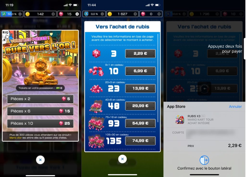 Le système d'achat dans Mario Kart Tour // Source : Captures Numerama Le système d'achat dans Mario Kart Tour // Source : Captures Numerama