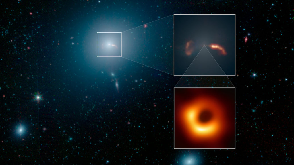 La galaxie Messier 87 abrite le trou noir qui a été photographié. // Source : Wikimedia/CC/NASA/JPL-Caltech/IPAC/Event Horizon Telescope Collaboration (photo recadrée)