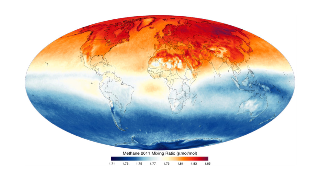 Le taux moyen de méthane dans la haute troposphère, en 2011. // Source : Wikimedia/CC/Giorgiogp2 (photo recadrée)