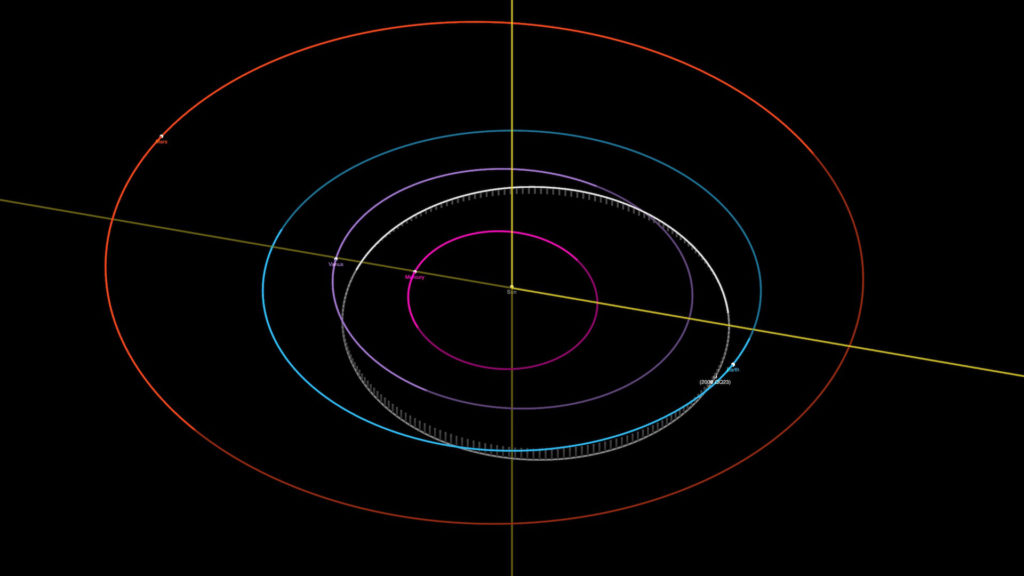 L'orbite de 2006 QQ23 en blanc. Celle de la Terre est en bleu. // Source : Capture d'écran JPL Small-Body Database Browser
