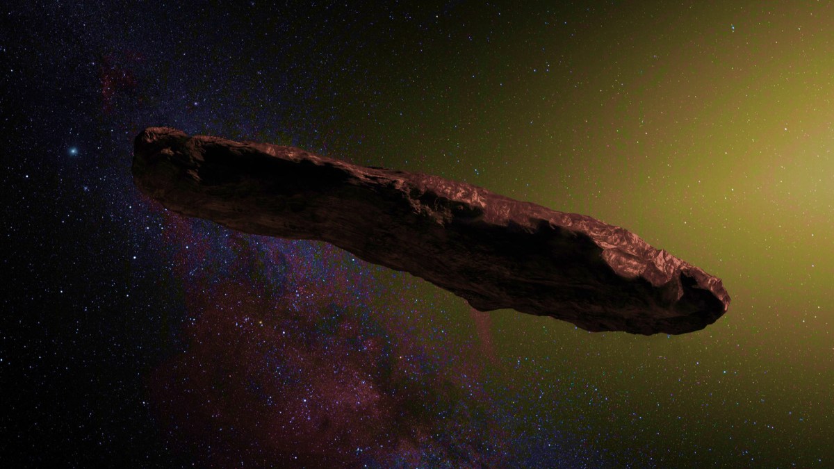 Oumuamua. // Source : Wikimedia/CC/ESO, M. Kornmesser, nagualdesign (photo recardée et modifiée)