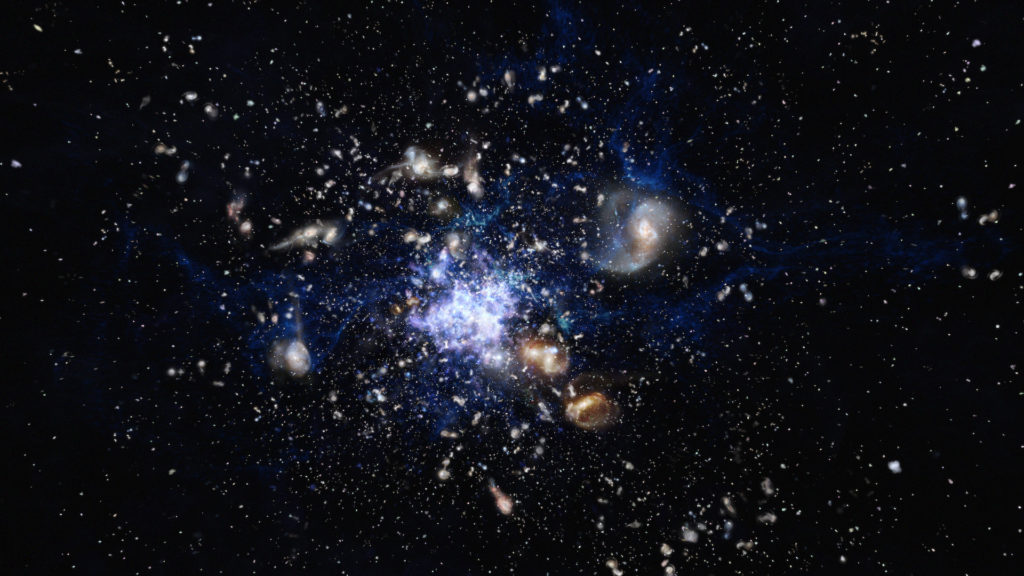 Un amas galactique au sein de l'univers jeune. // Source : ESO/M. Kornmesser (photo recadrée)