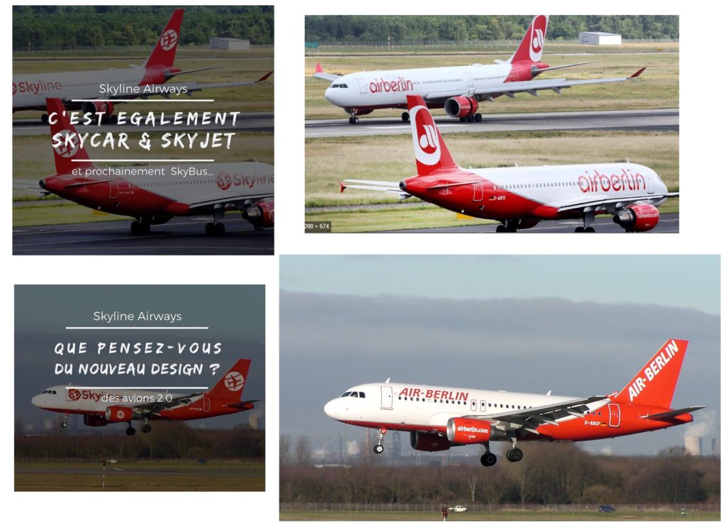 A gauche, des images publiées sur l'Instagram de Skyline Airways. A droite, des photos de la compagnie AirBerlin. // Source : Montage Numerama