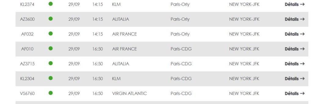 Les vols au départ de Paris le 27 septembre. // Source : Capture d'écran Numerama