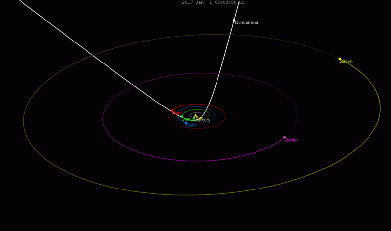 La trajectoire d'Oumuamua dans le système solaire. // Source : Wikimedia/CC/Tomruen