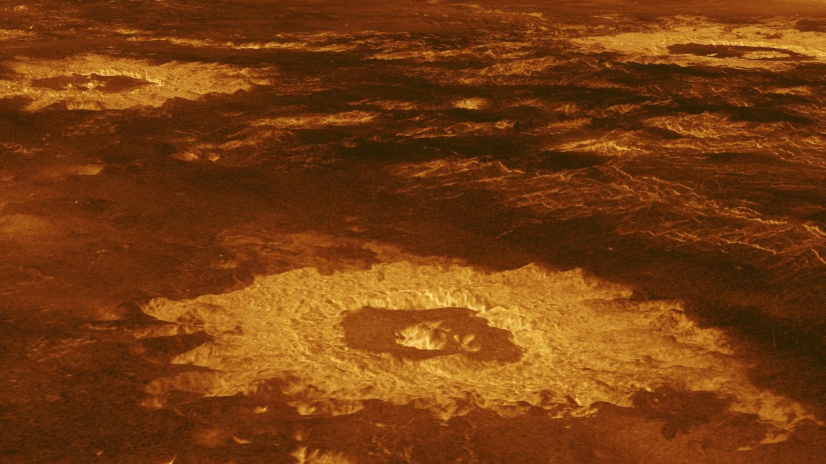 Un cratère à la surface de Vénus. // Source : NASA/JPL (photo recadrée)