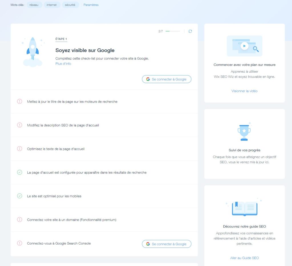 Pour améliorer son référencement, Wix affiche une liste de tâche à accomplir pour s'assurer de son référencement sur Google.
