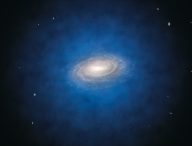 Le halo bleu qui entoure ici la Voie lactée est une vue d'artiste de la répartition de matière noire entournant notre galaxie. // Source : ESO/L. Calçada